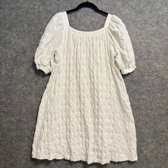 Maeve Anthropologie Dress Womens XS White Puff Sleeve Texture Eyelet Boho Summer - Picture 2 of 12
